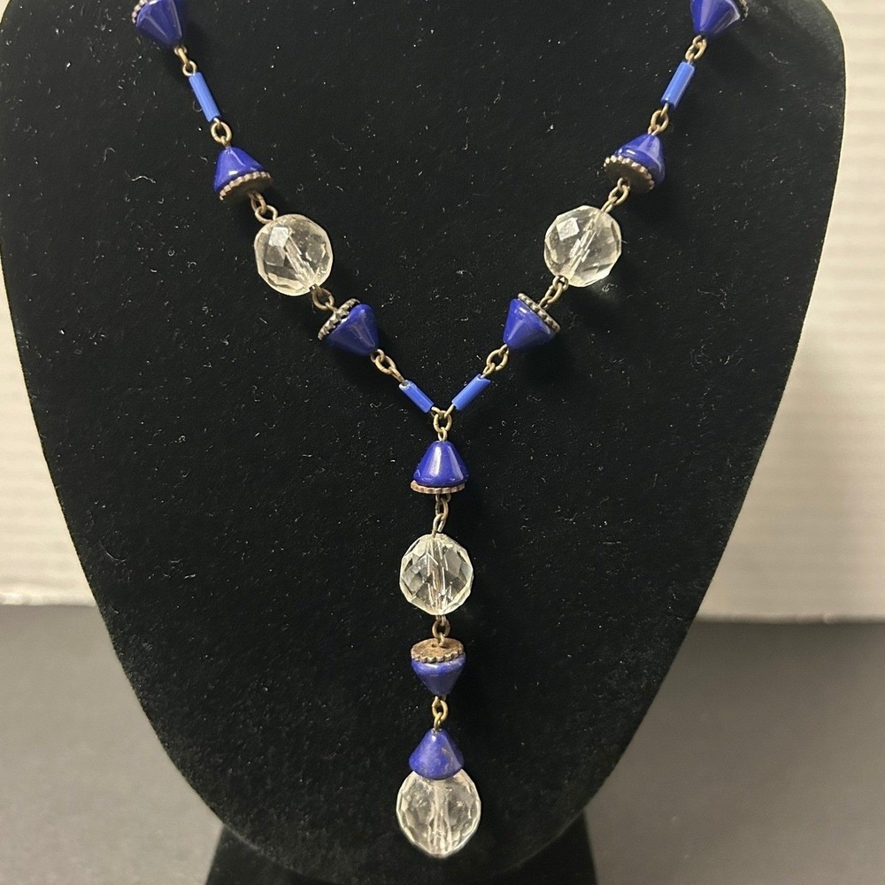 Vintage Y-Style Necklace Blue Faceted Glass Bead Lariat‎ Bohemian